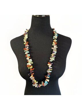 Multi Gemstone Nugget Chip Chunky Statement Long Necklace Quartz 221g